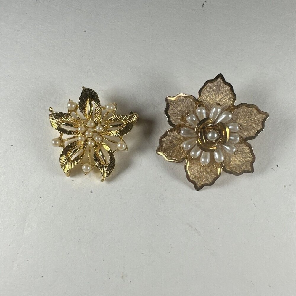 two Vintage Gold Toned Brooch Flowers With Faux Pearls